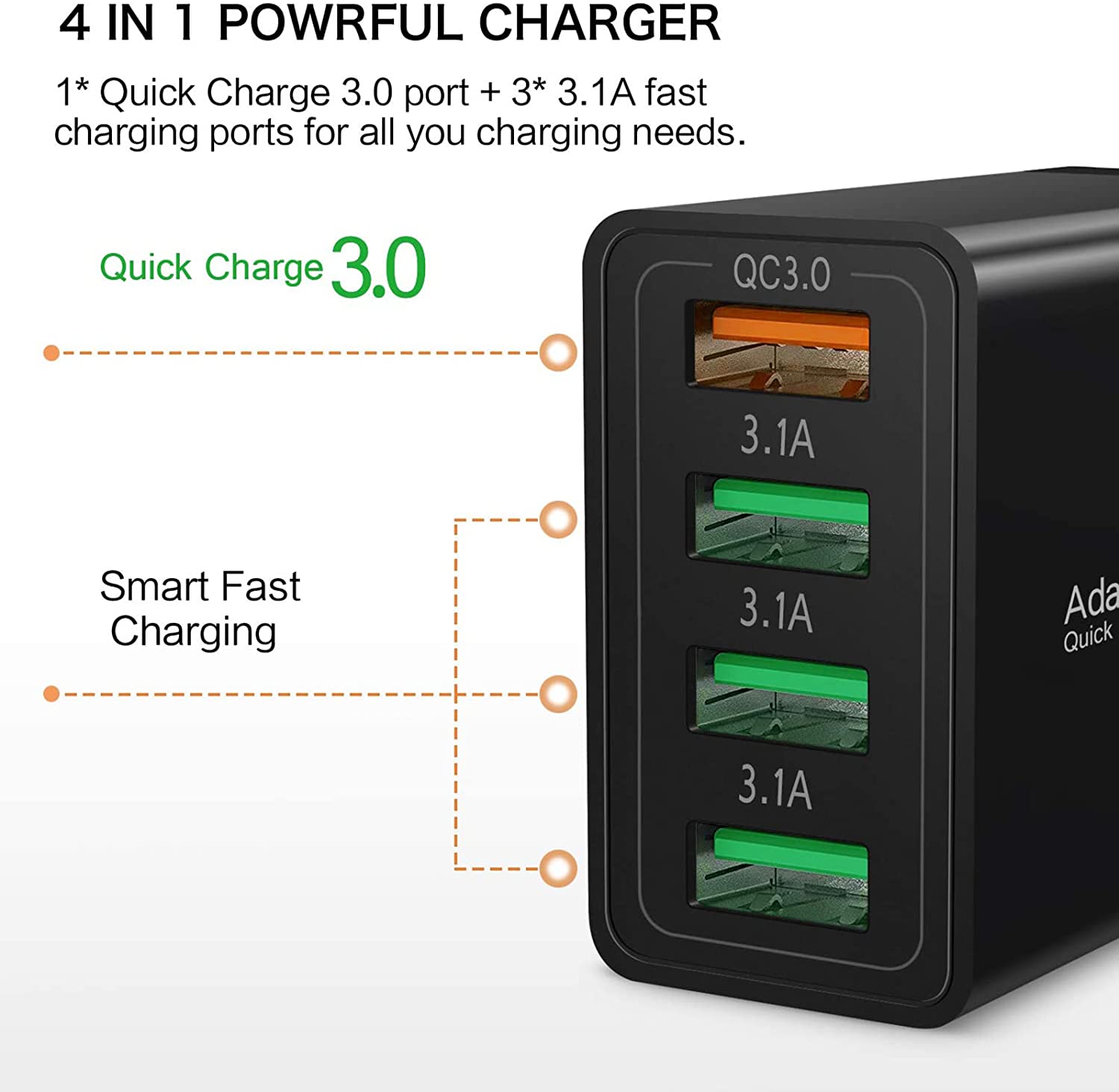 

USB Quick Charge 3.0 Rapid 4-Port Fast Charger Desktop Charger Charging Block Compatible for Samsung Galaxy S10 Plus iPhone 13 12 11/Pro Max Mini