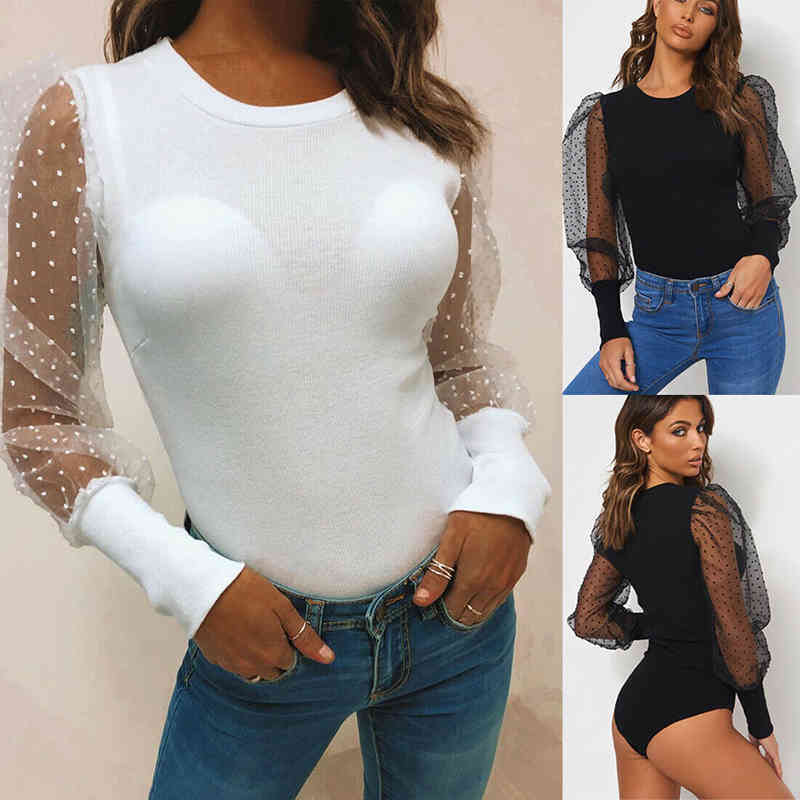 

Women' Jumpsuits & Rompers Fashion Women Bodysuit Bodycon Jumpsuit Leotard Tops Blouse Playsuit Sleeve Ploka Dots Knitted Party F, White