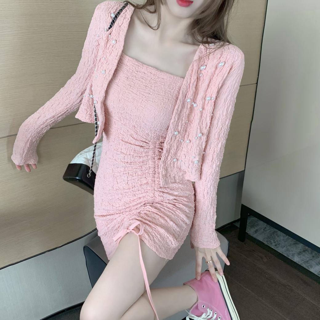 

han edition design feeling nail bead knitting cardigan pure color skirt with shoulder-straps two-piece tide 210429, Pink