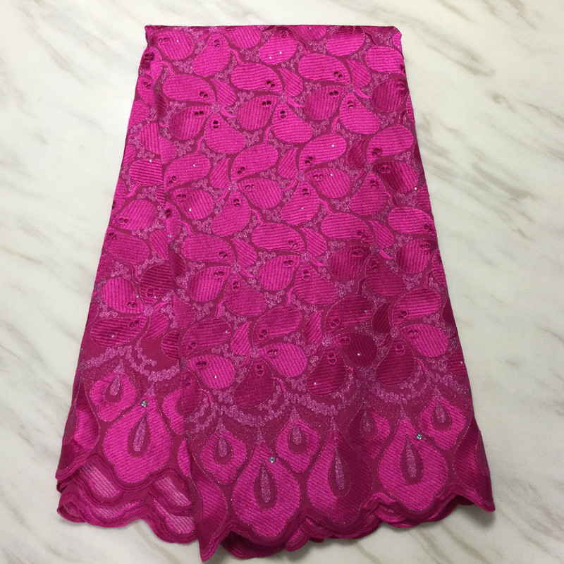 

5Yards/pc Fashion Fuchsia Embroidery African Cotton Fabric Swiss Voile Lace Match Rhinestones Decoration For Party PL12934