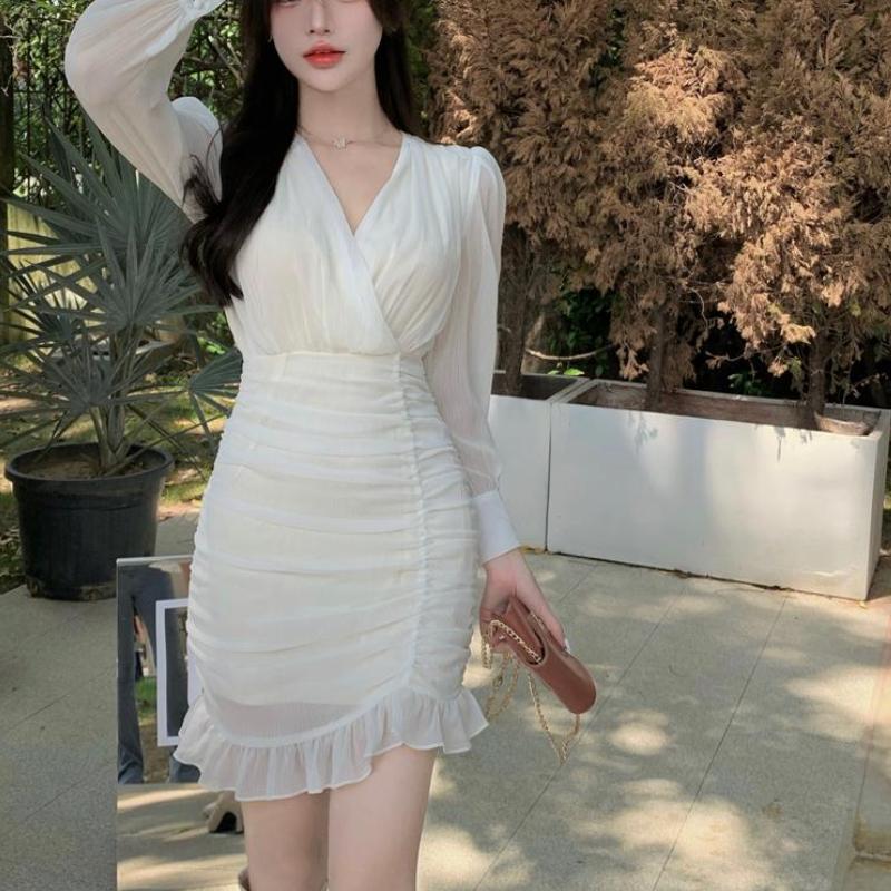 

Casual Dresses Women Summer Chiffon Mini Long Sleeve V Neck Pleated Vestido Streetwear A-Line Elegant Sexy Dress, Black;gray