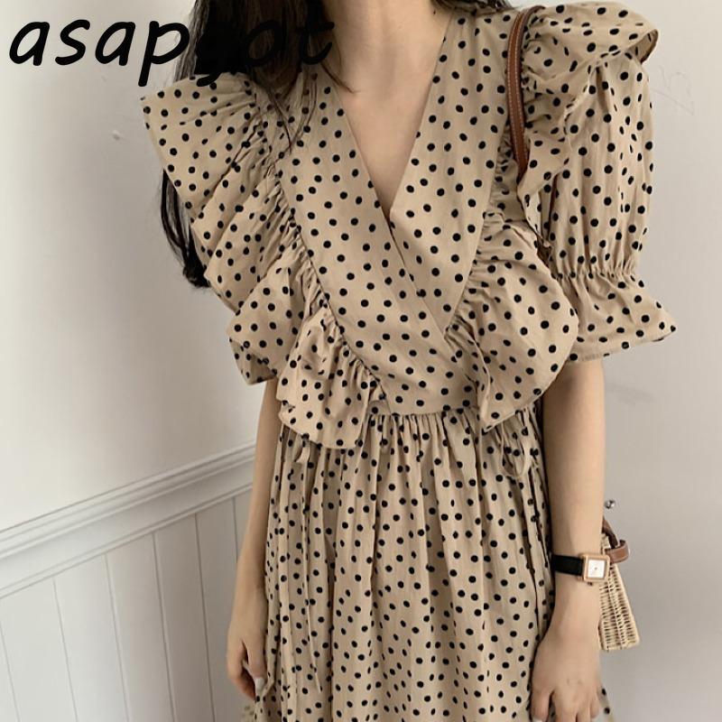 

Casual Dresses Korean Chic Summer V Neck Ruffles Flare Short Sleeve Polka Dot Dress Women Vintage Slim Vestido De Mujer Elegant Wild, Black;gray