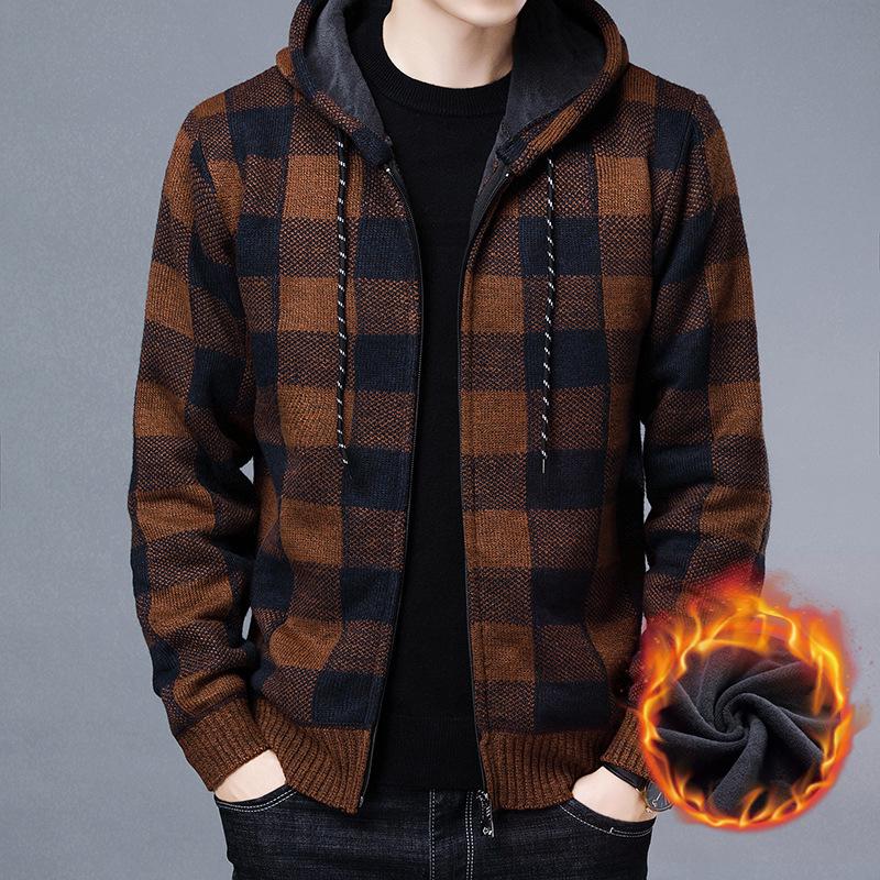 

Men's Hoodies & Sweatshirts Jackets Sweater Coat 2021 Autumn Winter Thick Warm Hooded Plaid Wool Cardigan Jumpers Zipper Fleece Men, Gray