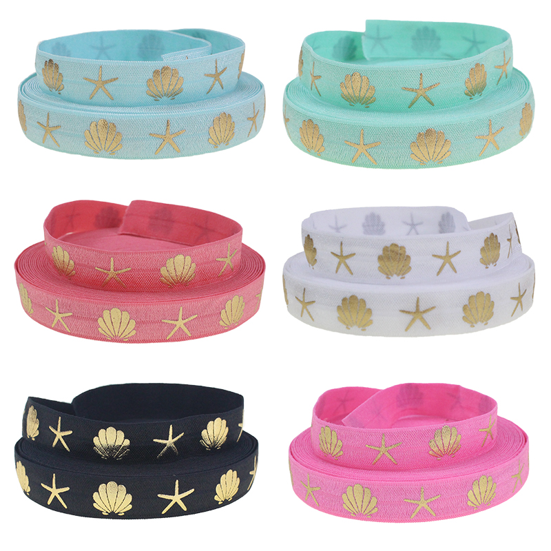 

5/8" gold foil shell starfish fold over elastic FOE ribbon Ocean series for headband ties welcome custom printed