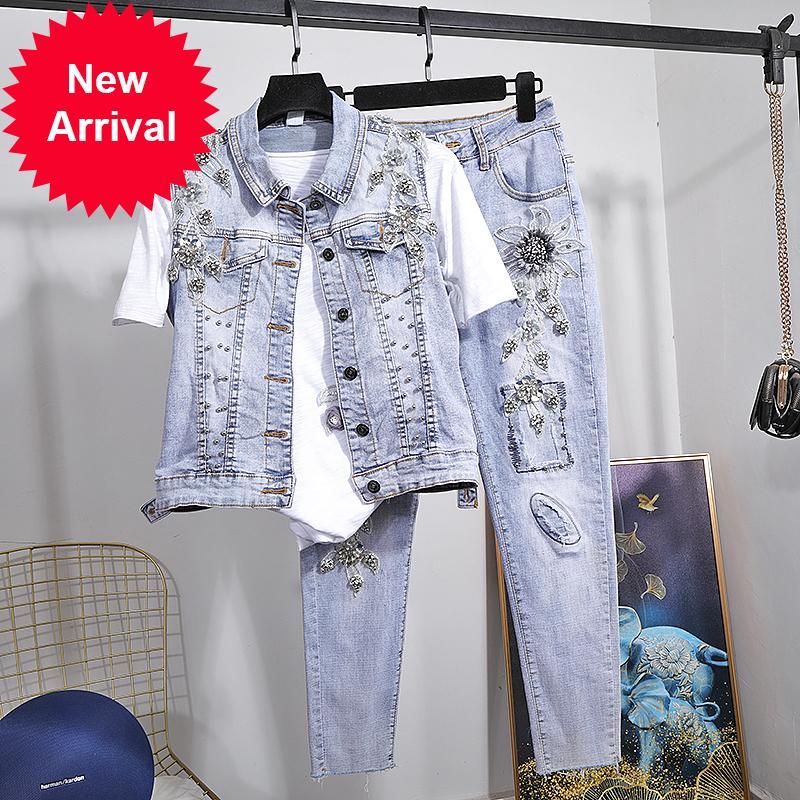 

Women' Tracksuits European Style 2 Piece Sets Vest Suit Spring Summer Three-dimensional Flower Beaded Short + Elastic Jeans Two-Piece Set