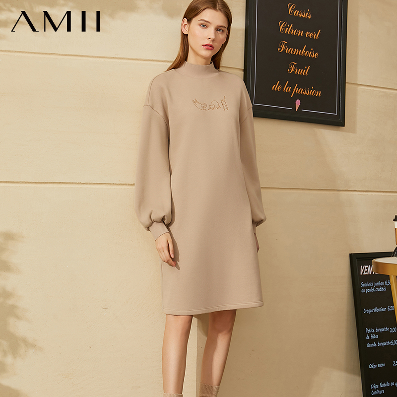 

amii minimalism winter fashion sweatershirt dress causal turtleneck embroidery lantern sleeve women dress for women 12030324, Black;gray