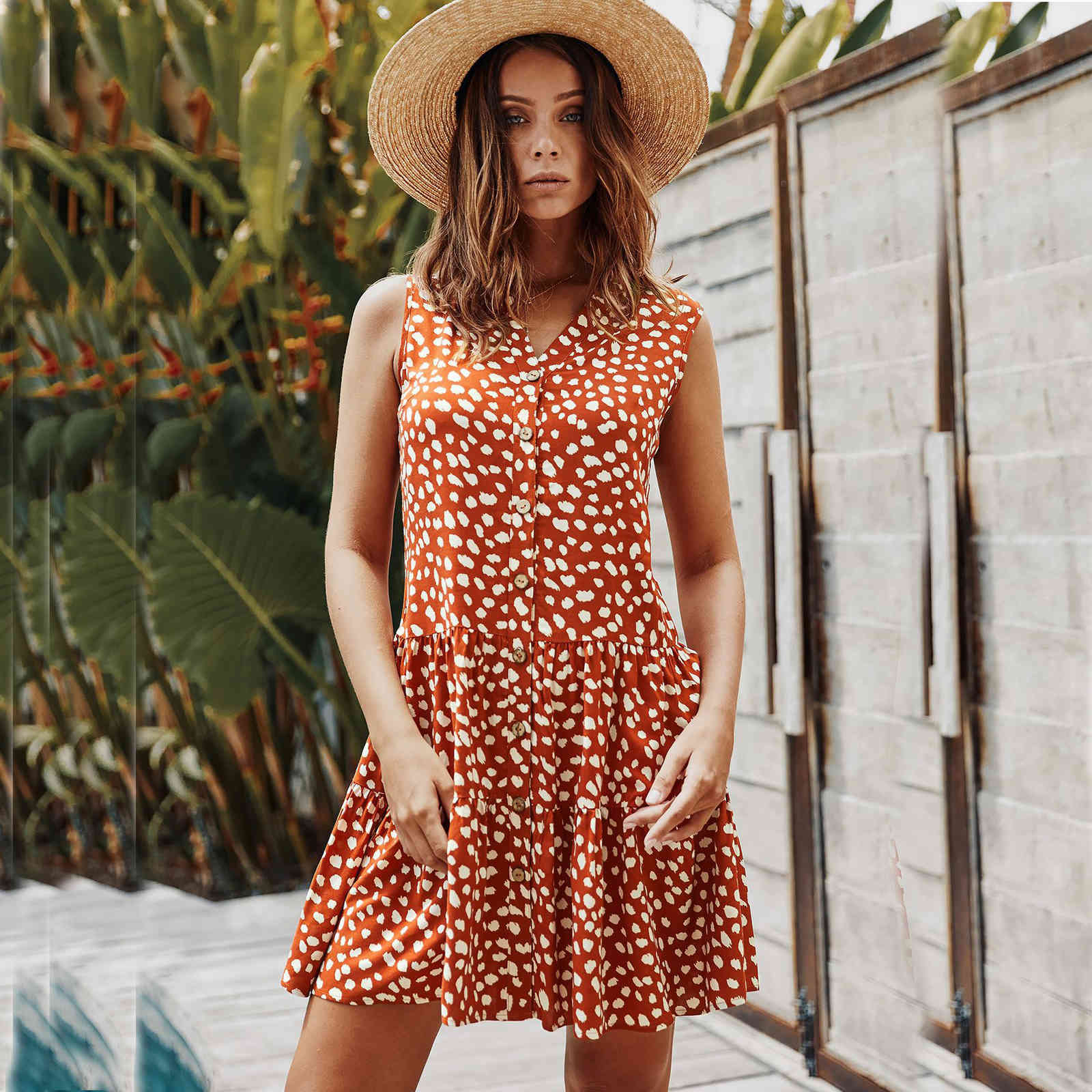 

Print Sleeveless Women' Dress Casual summer cotton soft female mini dresses high quality lady dress 210524, Orange