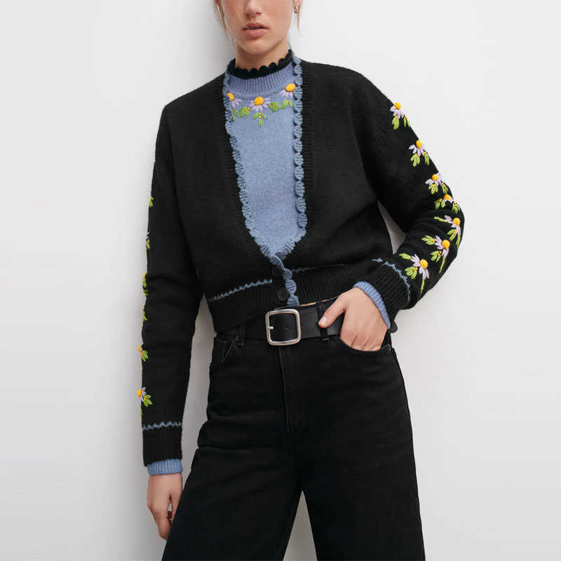 

Za Black Cropped Embroidered Knit Cardigan Women Long Sleeve Embroidery Floral Knitted Sweater Female Winter Vintage Top 210602