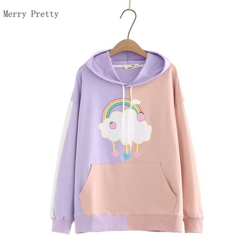 

Rainbow Print Patchwork Hooded Sweatshirt Women Summer Sweet Style Pockets Hoodies Korean Girly Cotton Drawstring Cute Top 210526, Purple