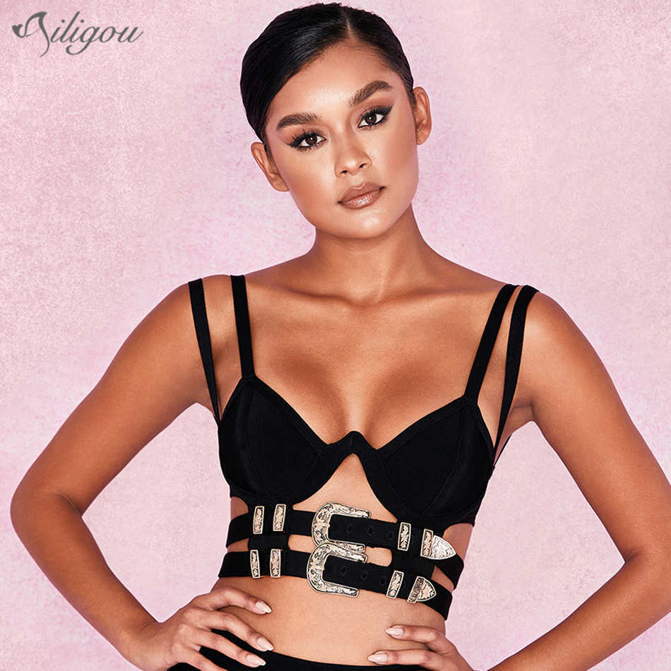 

Ladies Sexy Bodycon Bandage Camisole Top Hollow Sleeveless Metal Belt Buckle Decorative Black 210527