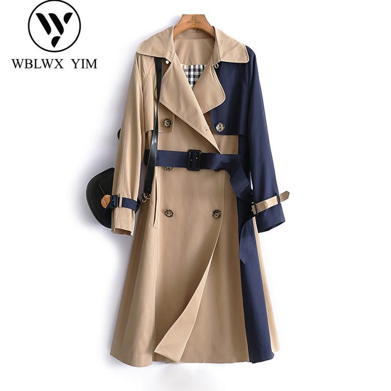 

Women's Trench Coats Spring Autumn High Quality Coat Women Fashion Patchwork Double Breasted Belt Long Ladies Casual Business Outerwear, Tan;black