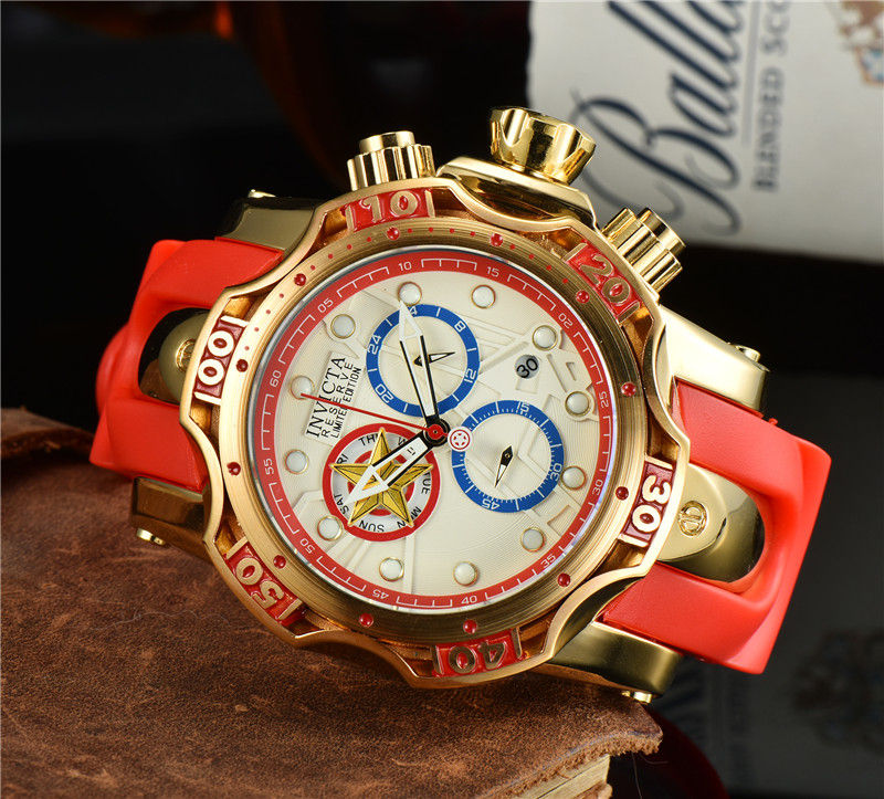 

Designer Invicta Watch Men's Red Black Rubber Strap Fashion Sports Watches Stopwatch Relogios Masculinos, Slivery;brown
