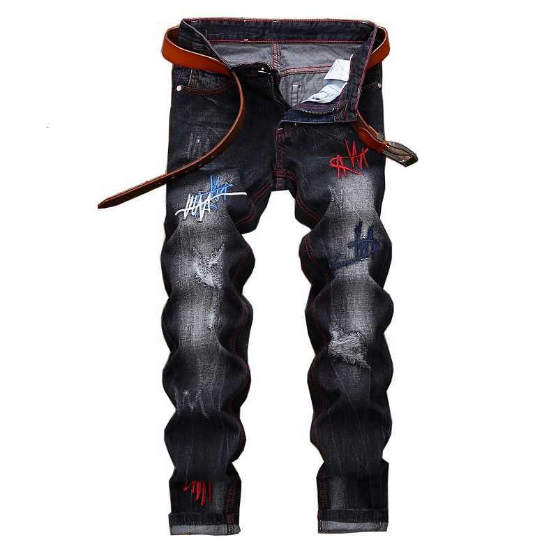 

New Cotton Brand Fashion Designer Casual Jeans Men Straight Black Embroidery Mens Ripped Jeans High Quality Denim Trousers, Blue