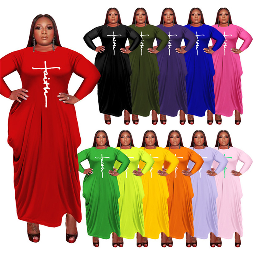 Fall Winter 3XL 4XL 5X Dresses for Women Maxi Party Plus Size Letter Solid Loose Dress Clothing Fashion Long Sleeve skirts Clothes DHL 5646