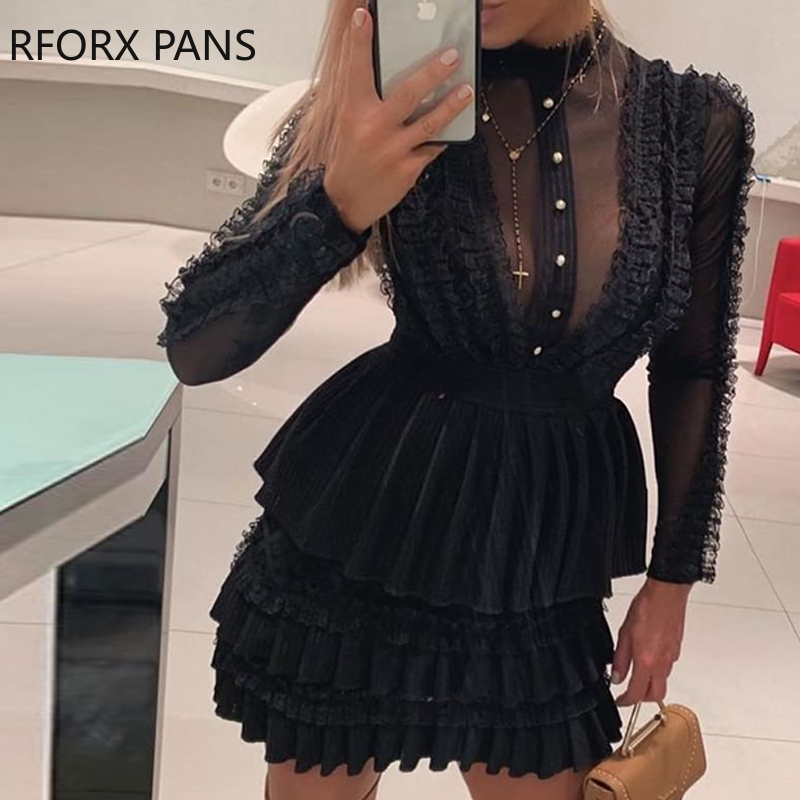 

Mock Neck Sheer Mesh Insert Ruffles Buttoned Dress, Black