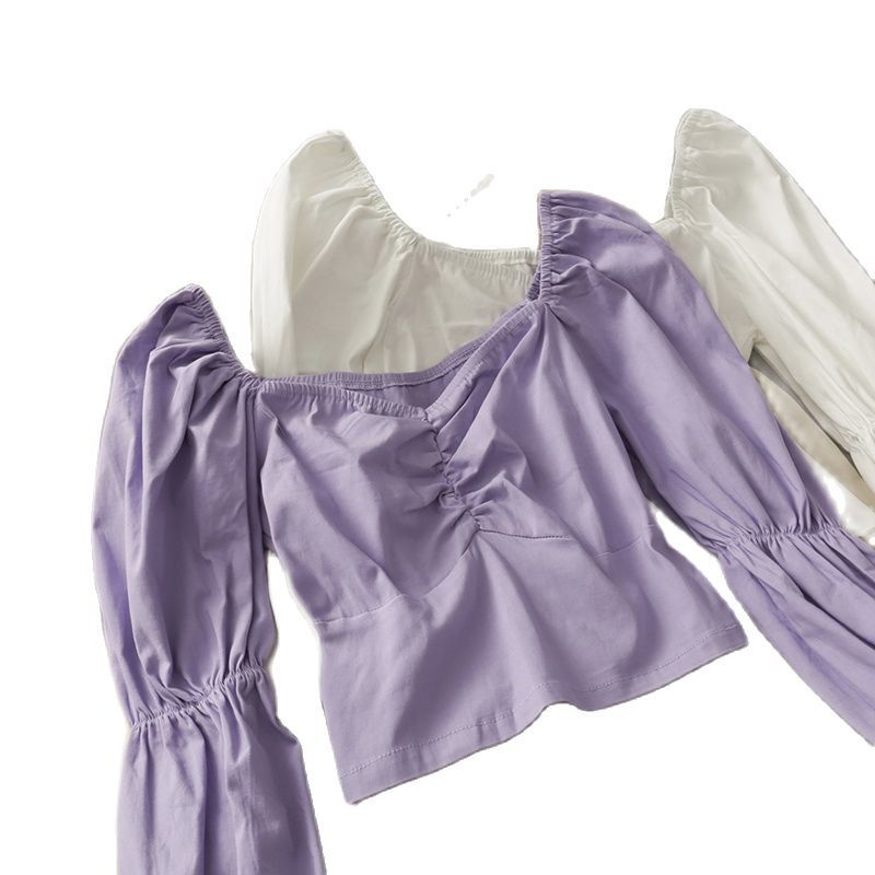 

Off Shoulder Cotton T-Shirt Flare Sleeve Slim Sweet Pleating V-Neck Shirt Tops Spring Long Tees Top 210518, White