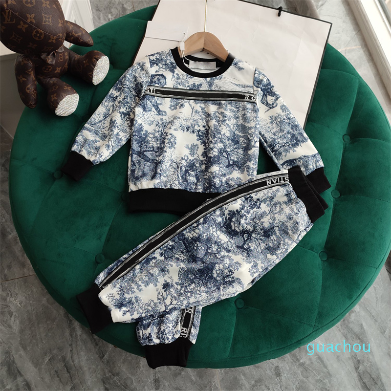 

designer kids casual hoodies+ pants sets childrens suit brand girls flower printing autumn clothing cotton tees size 90-140 Brother and sist, Gray