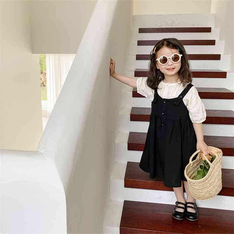 

Summer girls short sleeve white shirt and black slip dress Baby girl all-match outfits 210708