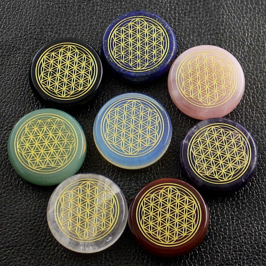 

Natural Loose Gemstones 40mm Disc Chakra Stone Ornament Engraved Ancient Egypt Flower Of Life Pattern Reiki Symbol Jewelry Home Study Healing Crystal Decorate