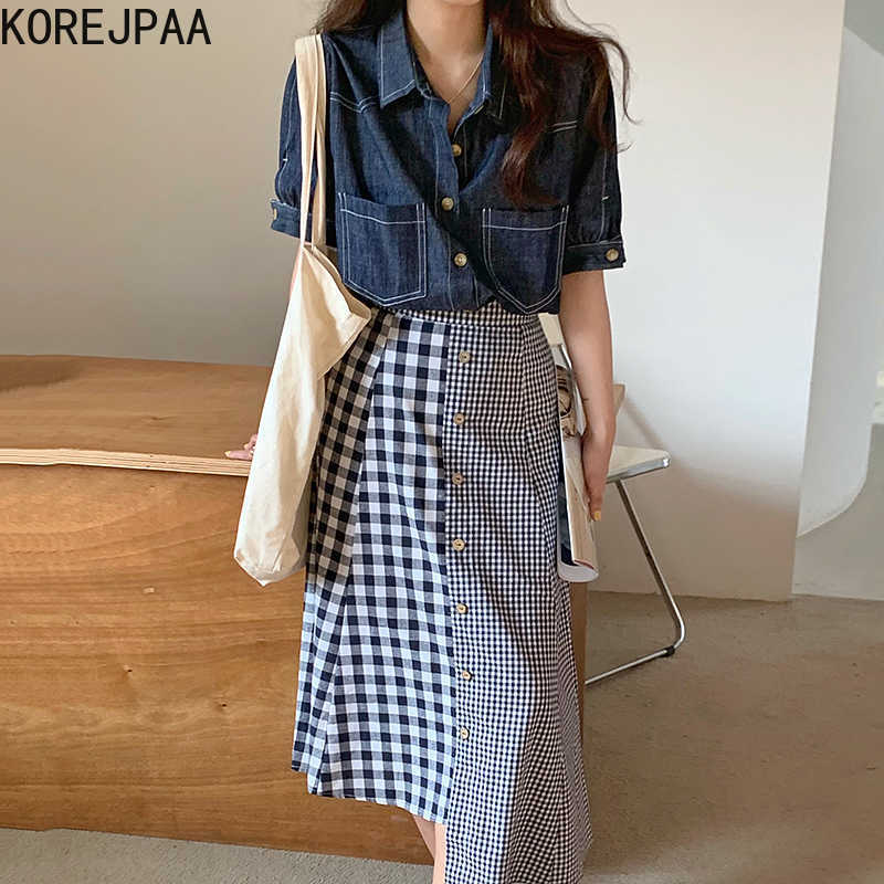 

Korejpaa Women Set Summer Korean Chic Retro Bright Line Decoration Denim Shirt High Waist Irregular Plaid Stitching Skirt 210526, Skirt m