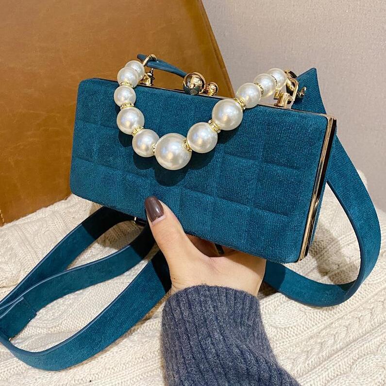 

Wholesale factory womens dinner bags retro matte leather handbag sweet and elegant Pearl diamond women shoulder bag street trend solid color flannel handbag, Brown(boutique box)