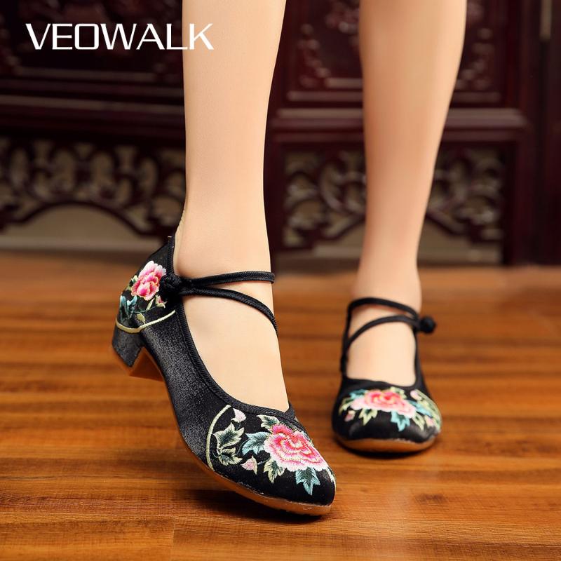 

Veowalk 4cm Block Heel Women Velvet Cotton Fabric Embroidered Shoes Ankle Strap Retro Comfortable Pumps For Elegant Ladies Dress, Black