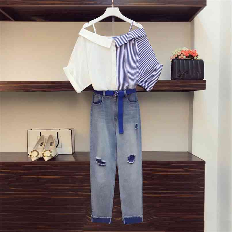 

Off Shoulder Strap Striped Patchwork Shirt Female Outfits All-macthing With Hole Jeans Two piece Set Belt 210602, Tshirt