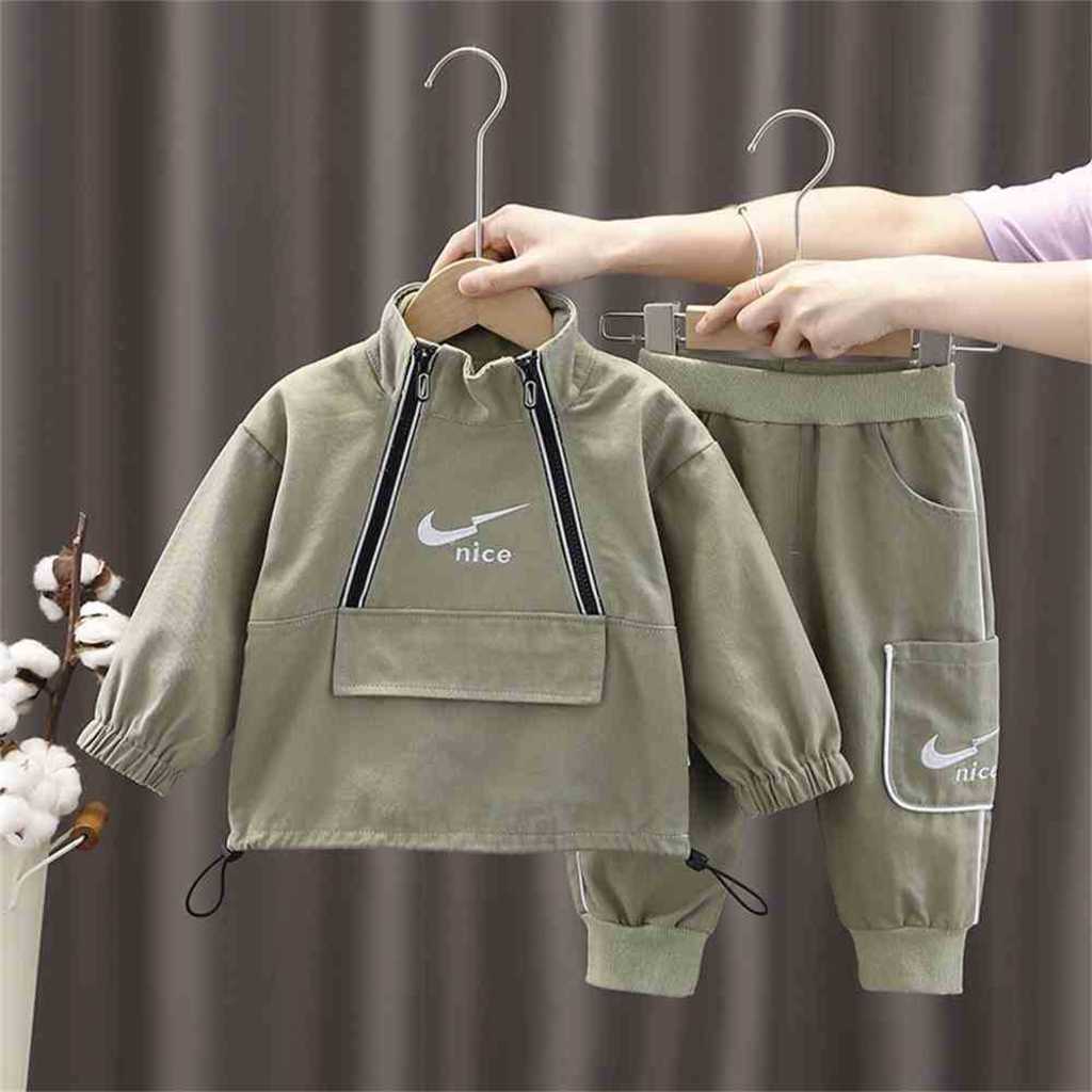 

kids children's two piece pants set half zipper pullover hoodie zip jacket acoat and side pocket pants outifts sportswear designers sweat suit clothing set G91JBXM, Double zipper two piece set beige