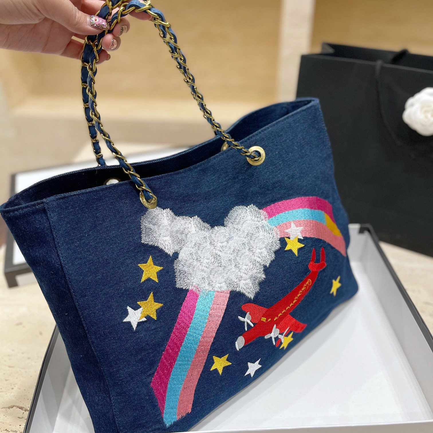 

luxurys 21ss Fashion Top Quality Denim Tote Bags Canvas Beautiful Embroidery Night flight Double Matelasse Chain Handbag Crossbody Shoulder