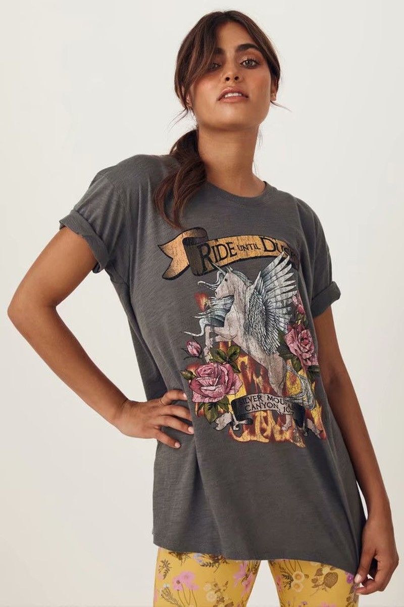 

t shirt 2021 summer fashion pullover crew neck short sleeve rose pegasus print, White