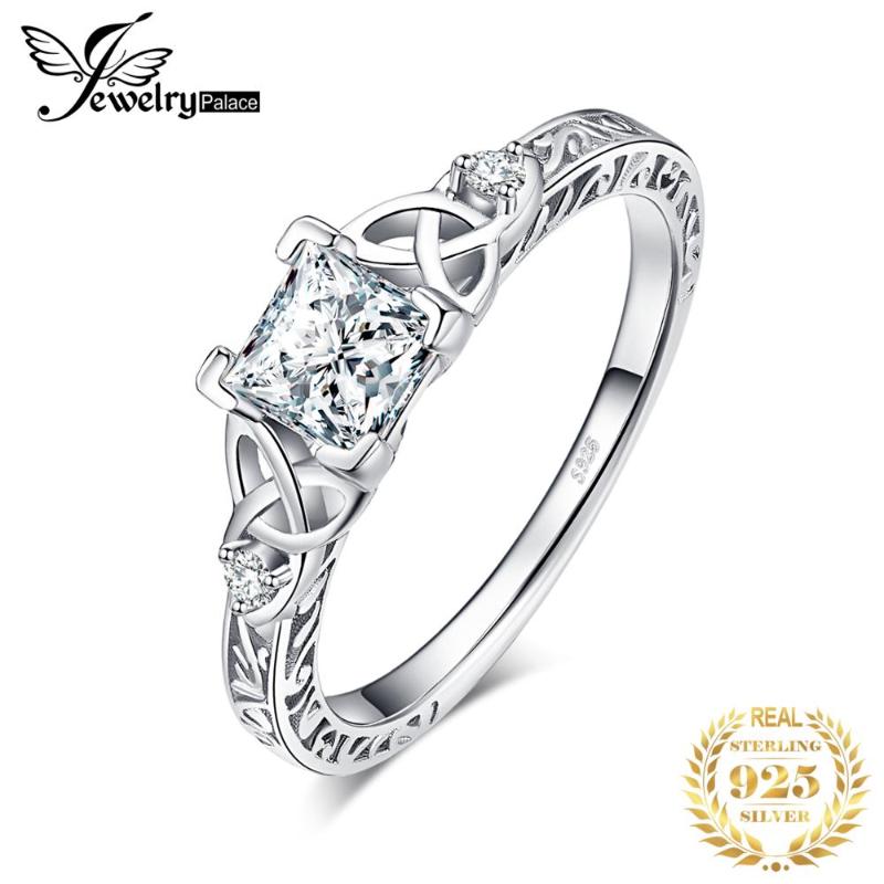 

Cluster Rings JPalace Celtic Knot Princess CZ Engagement Ring 925 Sterling Silver For Women Anniversary Wedding Jewelry