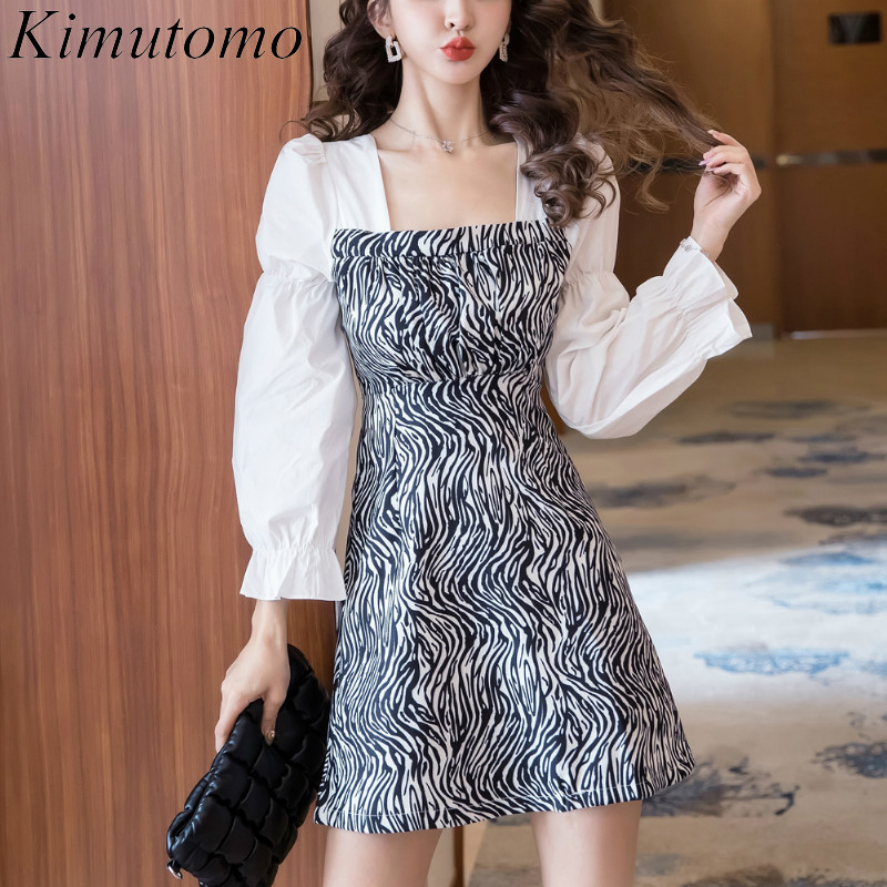

Kimutomo Fashion Vintage Zebra Pattern Dress Women French Style Square Collar Patchwork Flare Sleeve Simple Mini Dress Elegant 210521, Black