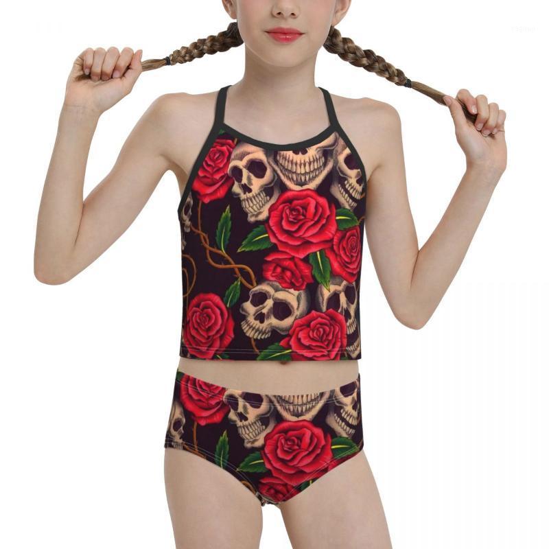 

Women's Swimwear Japanese Anime R374 Swimsuit For Children Young Girls Print Rose And Skull Biquini 2021 Wholesale Brand Girl Swimming Suit