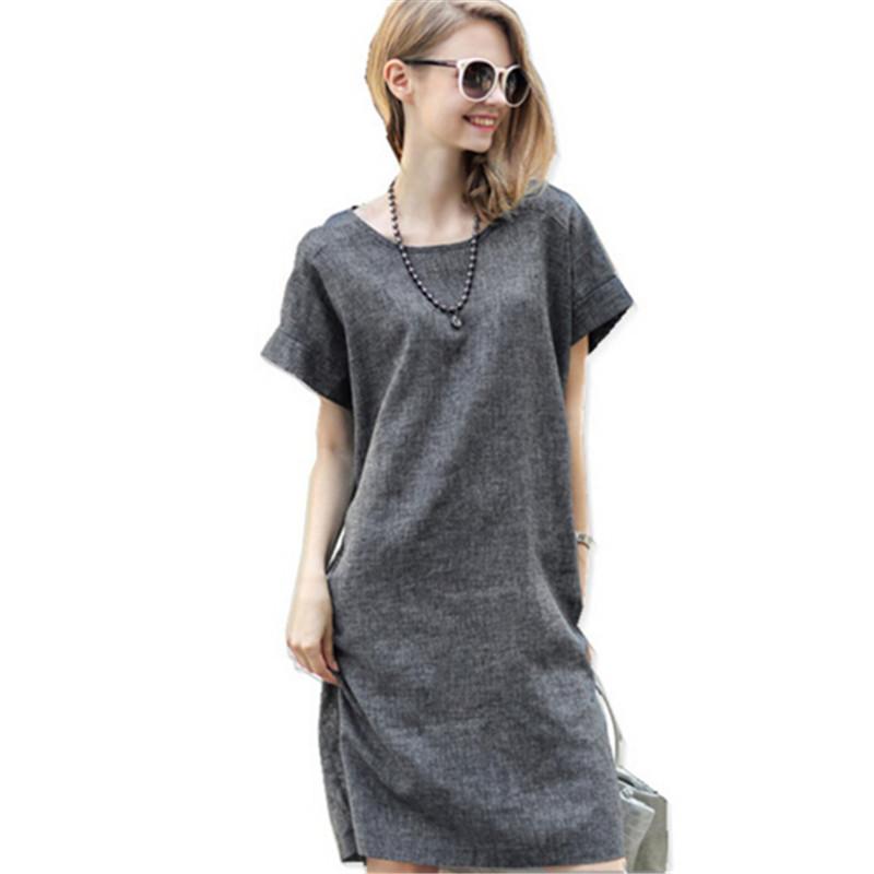 

Casual Dresses Summer Women Dress 2022 Short-sleeved Linen Print Plus Size Clothing Thin O-neck Slim S-2XL, Black;gray