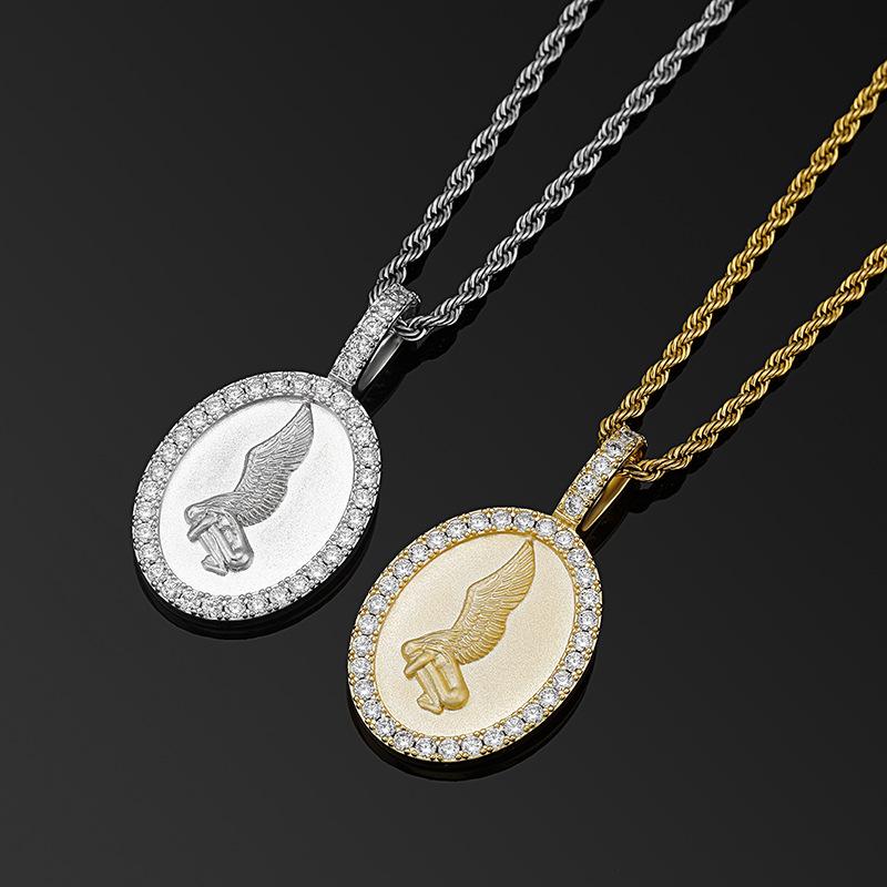 

Pendant Necklaces Hip Hop Claw Setting + CZ Stone Bling Iced Out Angel Pattern Oval Pendants For Men Women Rapper Jewelry
