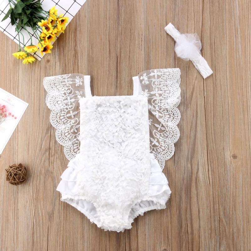 

Jumpsuits Born Baby Girl Clothes Lace Ruffle Print Romper Headband 2Pcs Summer Sleeveless Outfits Sunsuit For 0-24 Months, Blue
