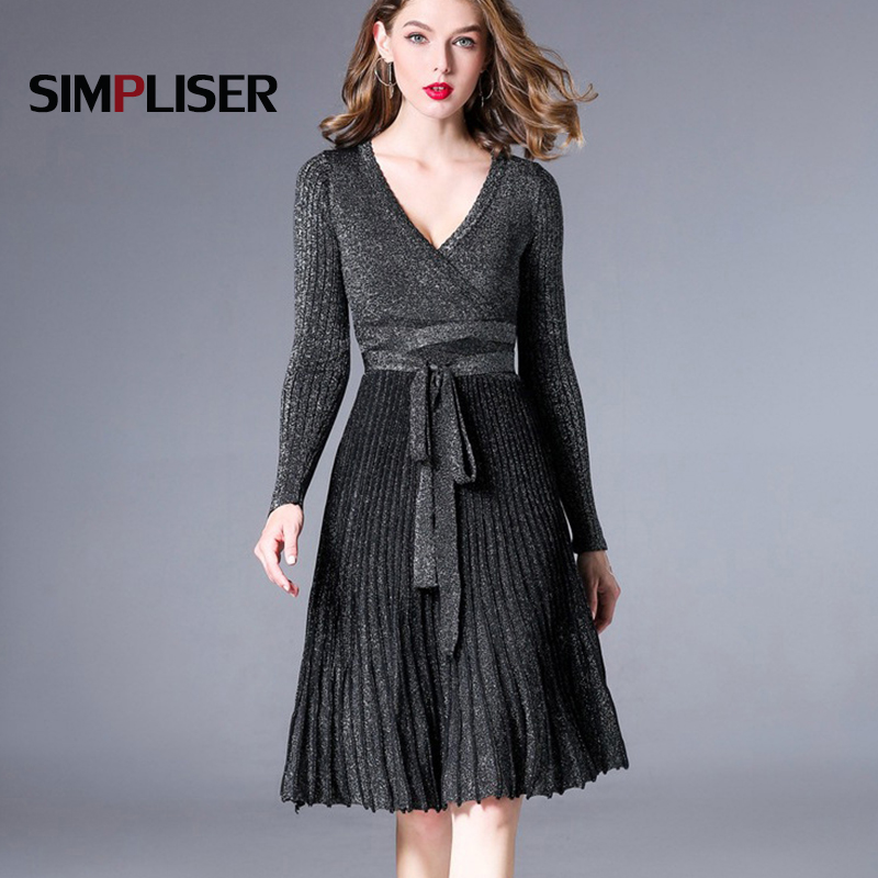 

deep v-neck women sweater dresses 2021 spring long sleeve knitting dresses party vestidos high waist long pleated dresses, Black;gray