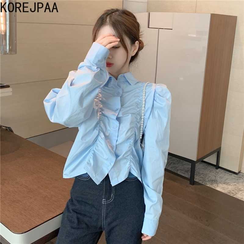 

Korejpaa Women Shirt Summer Korean Chic Girl French Retro Hong Kong Style Puff Sleeve Pleated Design Niche Versatile Blouse 210526, White