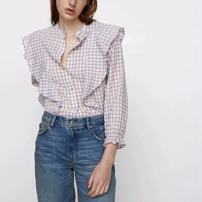 

Women Preppy Style Plaid Blouse Puff Sleeve Cascading Ruffles Stand Collar Shirts Streetwear Tops Female 210525, Pink