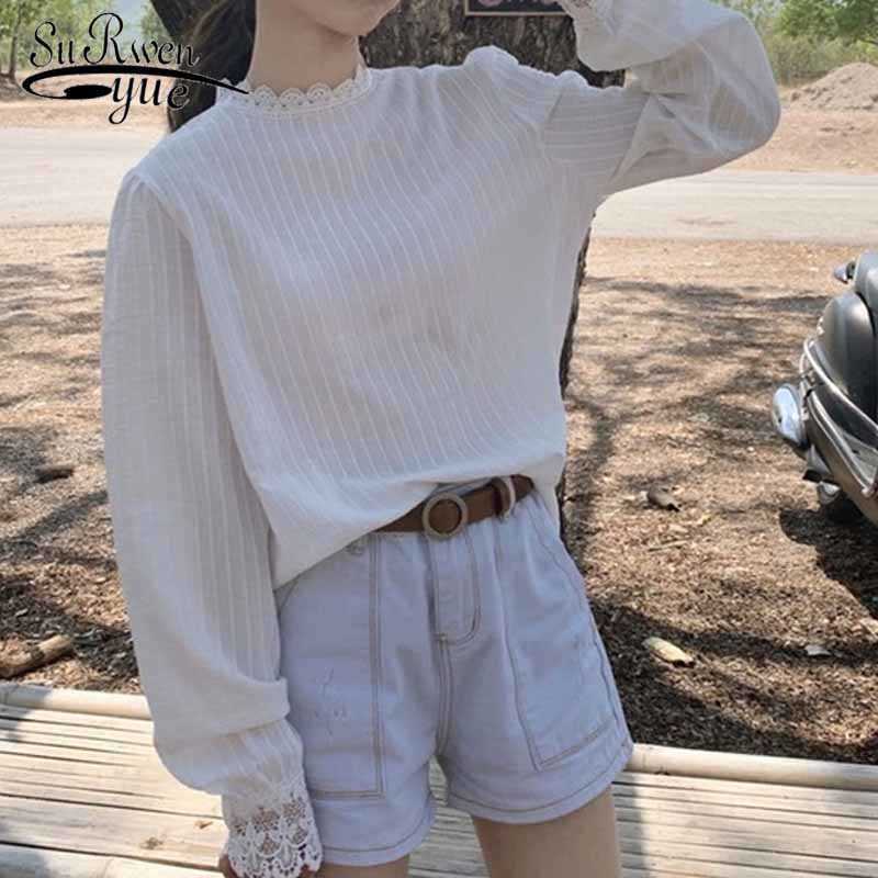 

Lace Shirt for Women White Blouse Women Cotton Striped Shirt Lady Tops Autumn Casual Long Sleeve Korean Pullover 10912 210527