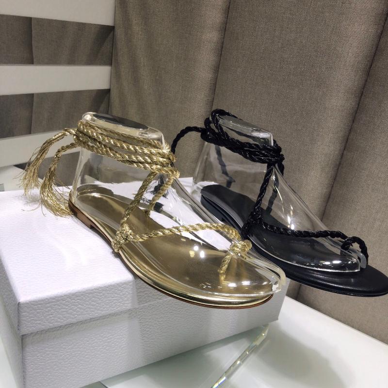 

Sandals 2021 Summer Tassel Flip-flops Women Shoes Round Toe Braided Strap Roman Style Genuine Leather Shoe, As pic