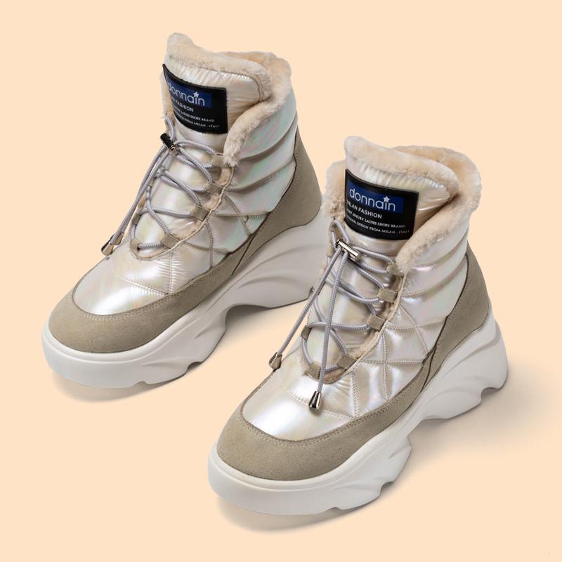 

Boots DONNAIN 2021 Winter Women Warm Plush Lining Genuine Leather Waterproof Snow Thick Rubber Sole Platform Shoes, Beige
