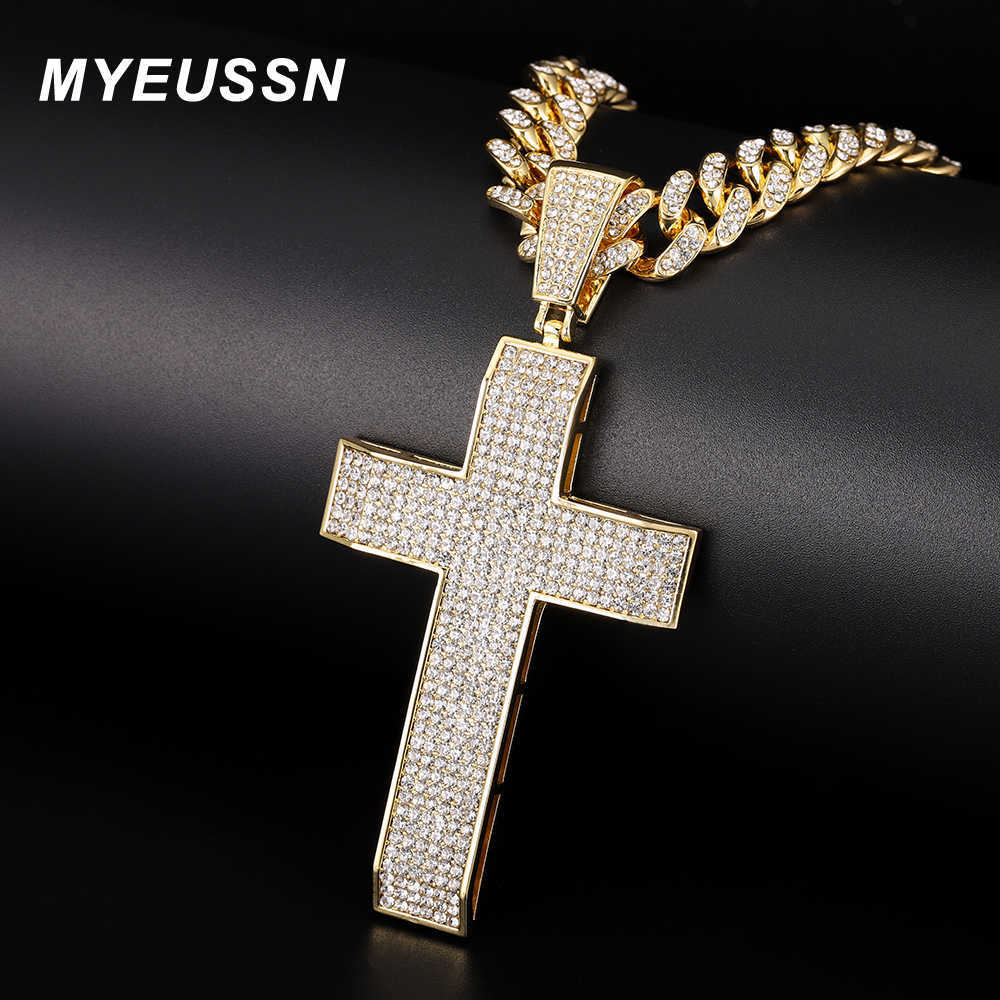 

MYEUSSN Cross Pendant For Men Jewellery Christian Iced Out Big Cross Necklace Gold Color Charm Cuban Chain With Cross Women Gift H0918, Silver
