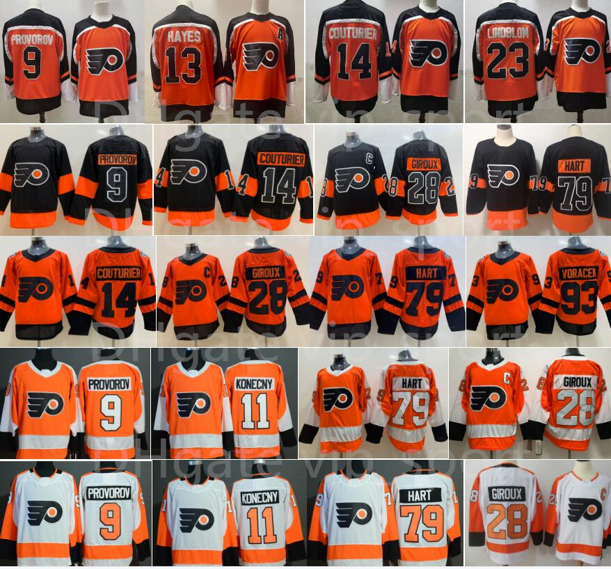 

Philadelphia Flyers 13 Kevin Hayes Jersey Hockey 9 Ivan Provorov 14 Sean Couturier 28 Claude Giroux 79 Carter Hart 11 Travis Konecny 23 Oskar Lindblom Reverse Retro, Kids white