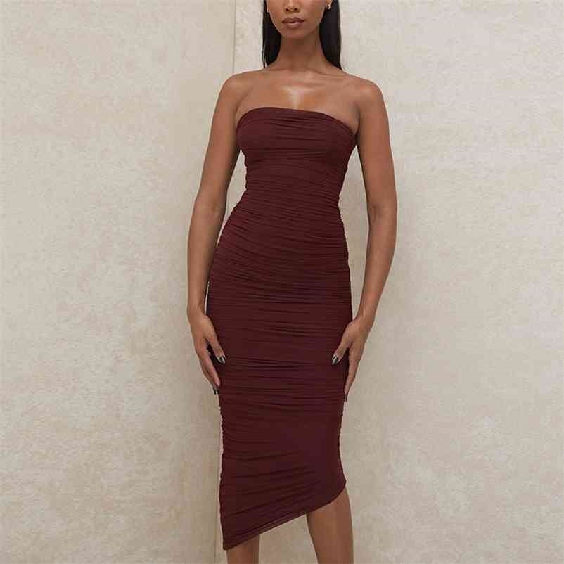 

Women Pleated Mesh Off Shoulder Strapless Buttocks Dress Solid Color Slash Neck Fashion Spring Summer 11B443 210525, Burgundy