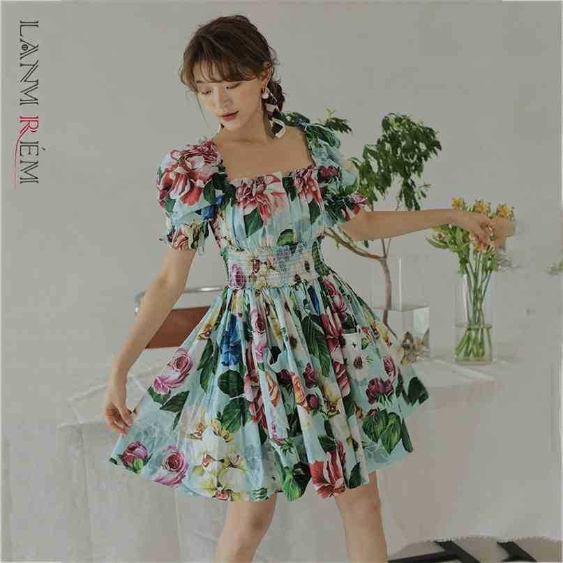 

Women Printing Mini Draw Back Dress Aquare Collar Short Sleeve Loose Fit Fashion Temperament Summer 2E1644 210526