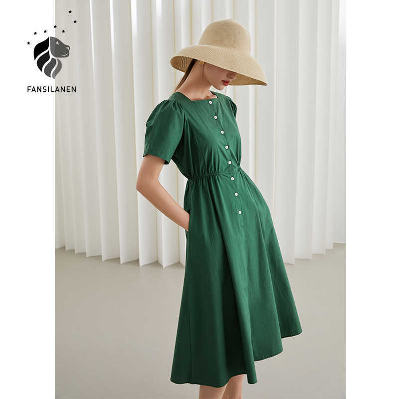 

FANSILANEN Office Lady French Square Collar Dress Women Summer White Orange Green Retro High Waist A-line Button Long Skirt 210607