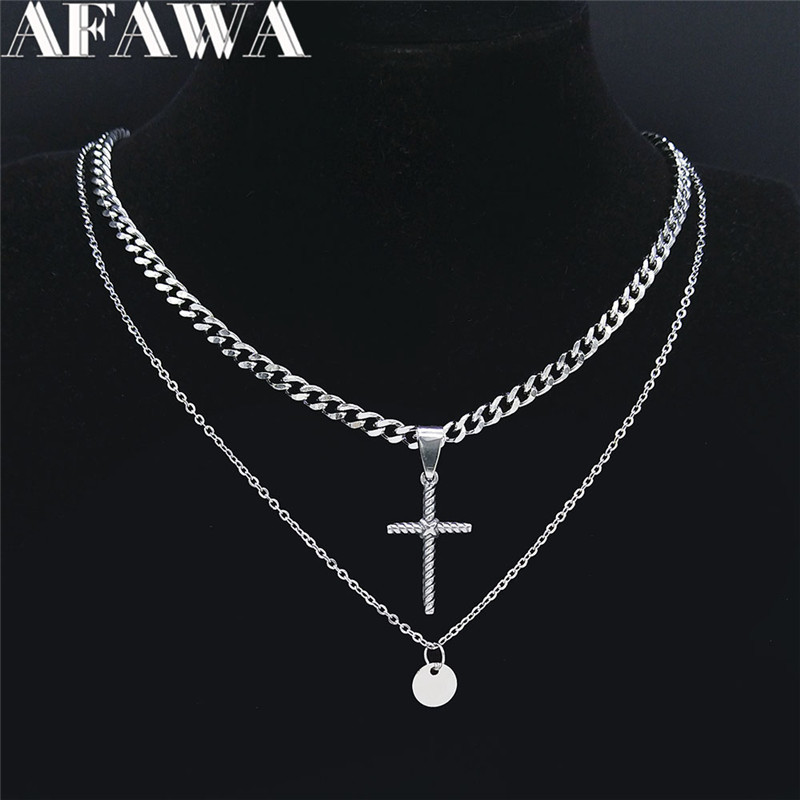 

2021 Fashion Stainless Steel Punk Christian Cross Layered Necklaces Silver Color Women/Men Hip Hop Jewelry collar cruz NXS01