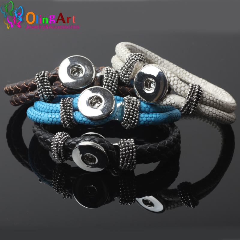 

OlingArt 1pcs/Lot 4color PU Leather Charm Bracelets For Women Fit 18mm Partnerbeads Snaps Button Jewelry European Sweet Style Link, Chain