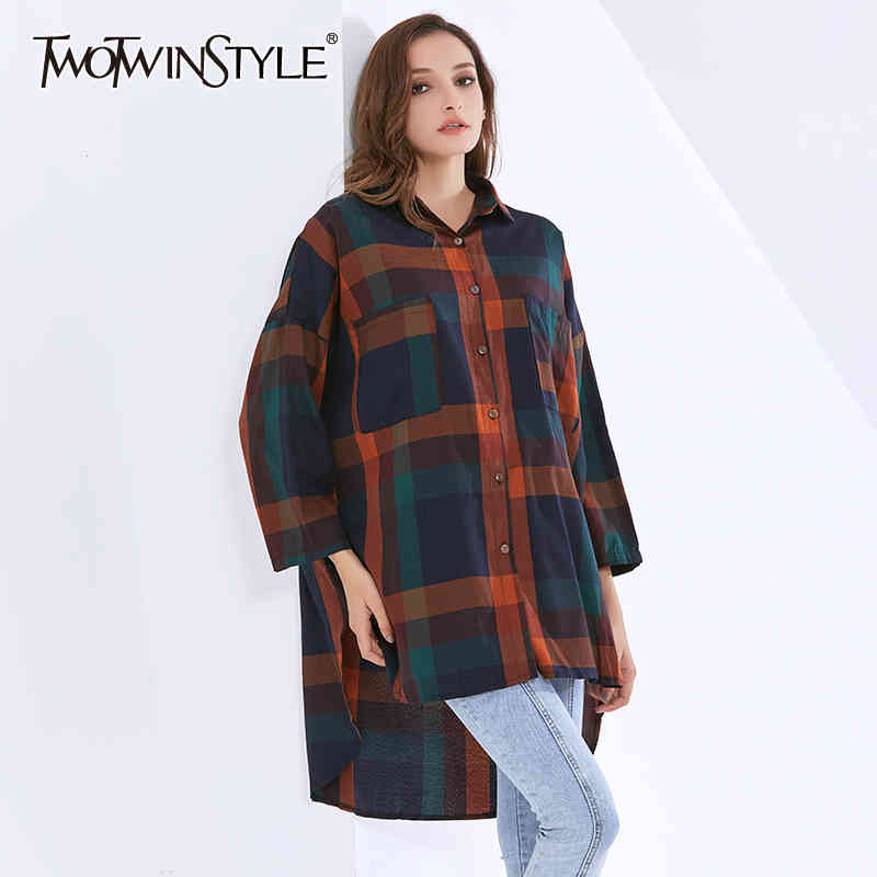 

Patchwork Plaid Shirts For Women Lapel Collar Long Sleeve Hit Color Split Plus Size Loose Blouses Female 210524, Aspicture